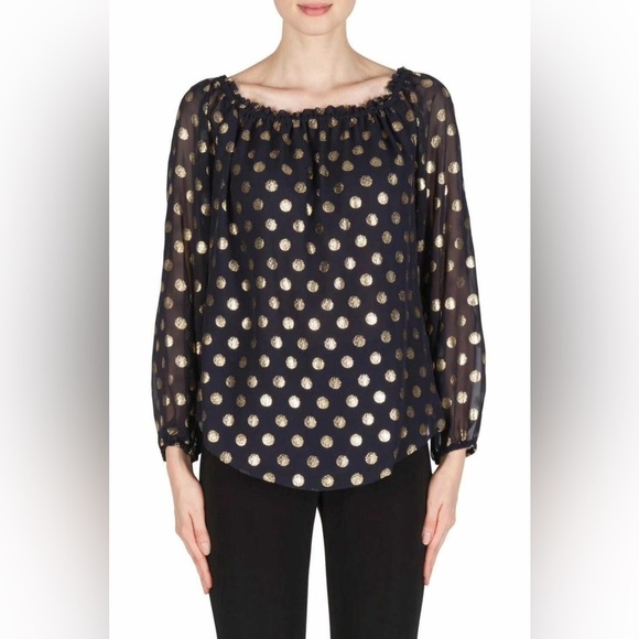 Joseph Ribkoff women’s 6 blouse, polka dot ruffle top, midnight blue and gold - Picture 4 of 11